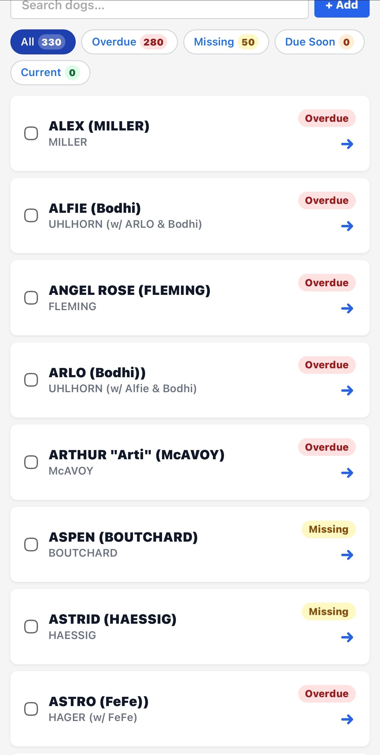 Dog list showing compliance status